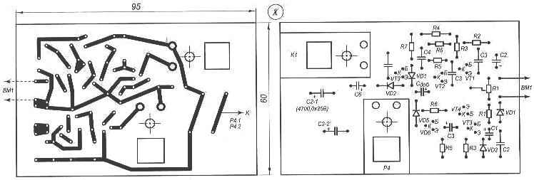 Рис. 3. Принципиальная электрическая схема блока «контроль» (Е) и топология её печатной платы (Ж)