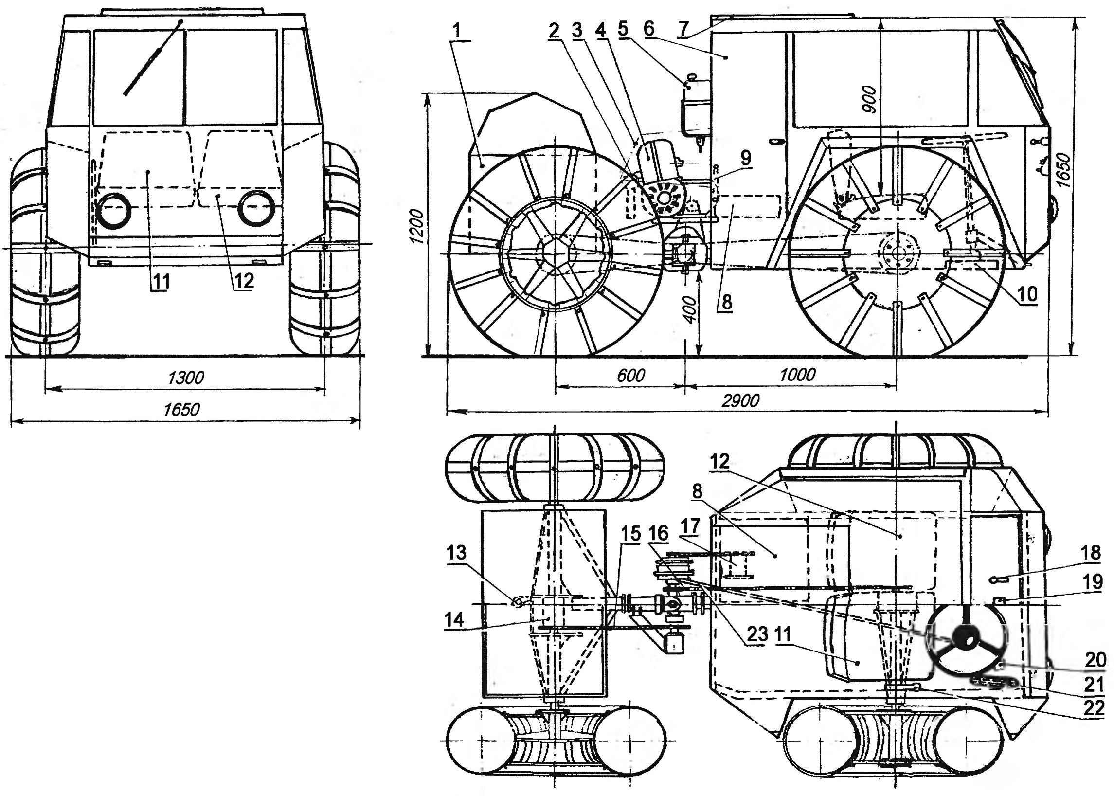 Two-axle all-terrain vehicle on low pressure tires construction L. Antonova