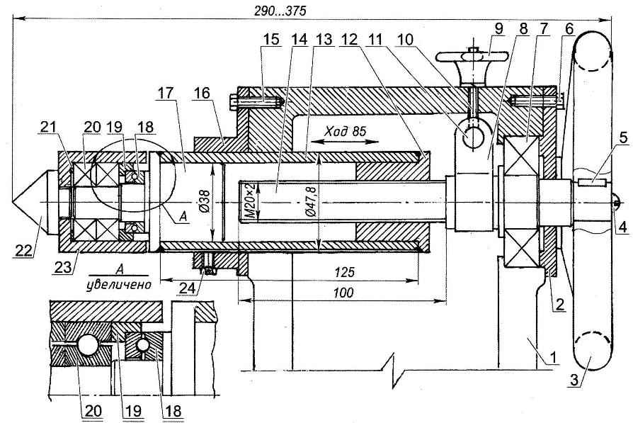 Tailstock with the tailstock and rotating center