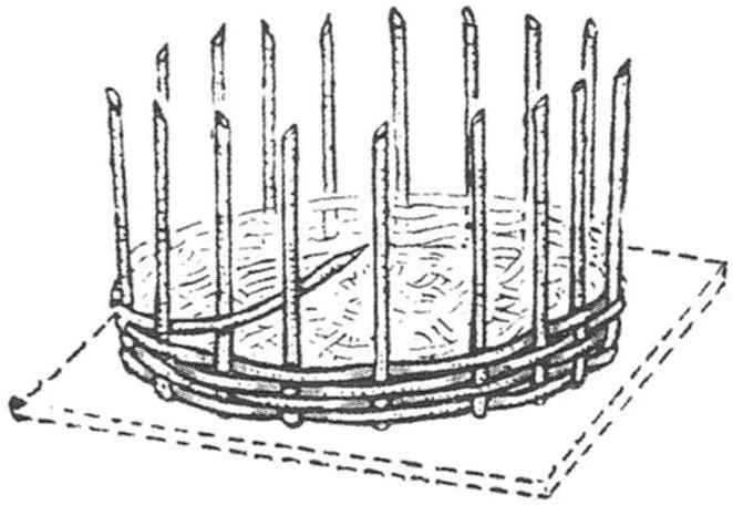 The transition to weaving the sides of basket with a round (oval) bottom: previous placebo temporarily nailed to the Board