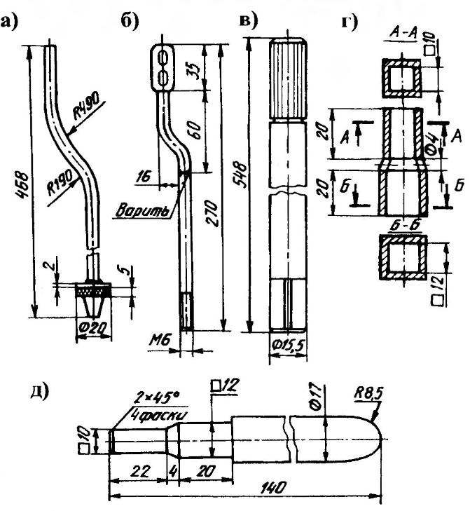 Доработка деталей мотора, проходящих через дейдвуд: водоводной трубки (а); тяги реверса (б); валопровода (в); муфты валопровода (г); оправки для расширения муфты валопровода (д)