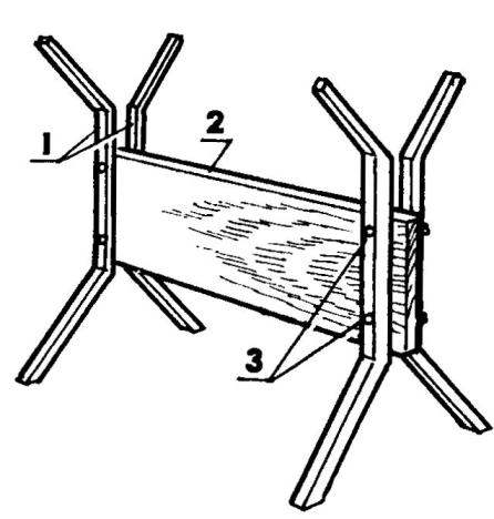 Трансформируемые универсальные козелки: 1 — опоры-«рогоноги» (металлический профиль); 2 — корпус (деревянная панель); 3 — крепление (болты с барашковыми гайками) 