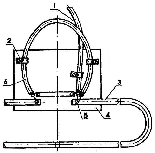 Коаксиальный кабель с симметричным активным вибратором аитенны: 1 — коаксиальный кабель снижения; 2 — крепежная скоба (3 шт.); 3— активный вибратор; 4— изоляционная плата (стеклотекстолит s2); 5— болт (5 шт.); 6 — согласующе-cимметрирующая петля (отрезок коаксиального кабеля)
