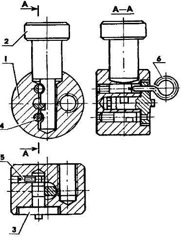 Fig.1. The lock: 1 — body; 2 — pin; 3 — retainer; 4 — pin (2 PCs); 5 — screw; 6 — key-screwdriver 