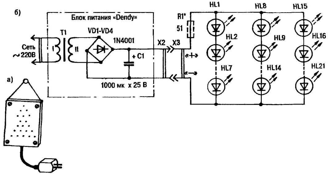 Fig. 2. New year souvenir with flashing LEDs (a) and its schematic diagram (b)