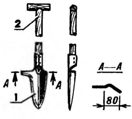 The storm of weeds — lunares: 1 — the blade of the shovel, tapered and curved; 2 — handle with T-shaped head 