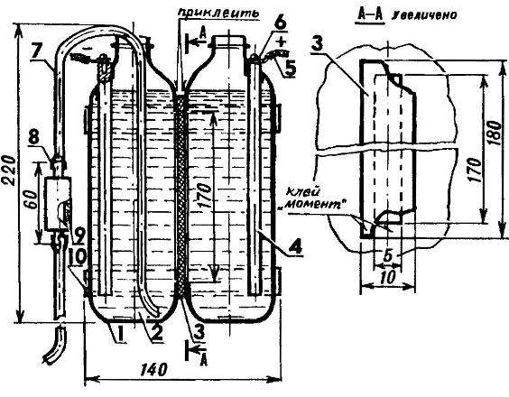 Устройство для получения и омагничивания активированной воды (адаптер-выпрямитель из четырех диодов КД203 или КД213 и цепи коммутации условно не показаны)