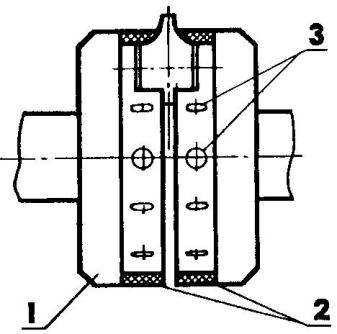 Fig. 5. The displacers to the crankshaft: 1 - crankshaft; 2 - displacers (STEKLONiT epoxy binder); 3 — wells (drilling d4 to a depth of 0.5 mm, 20 PCs.).