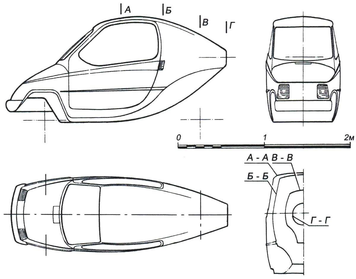 Fig. 4. The theoretical drawing of the hull of the snowmobile