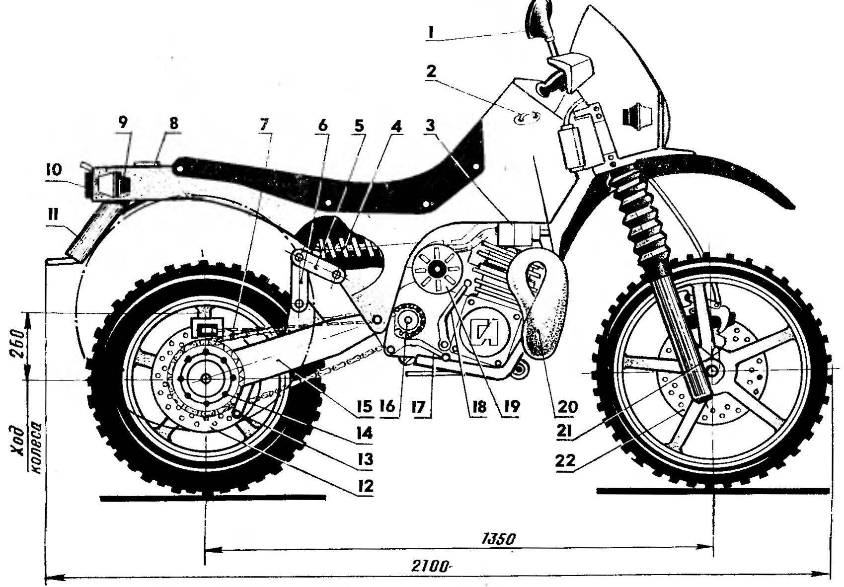 Рис. 1. Мотоцикл типа «эндуро» с корпусом монококом конструкции Л. Гарагашьяна