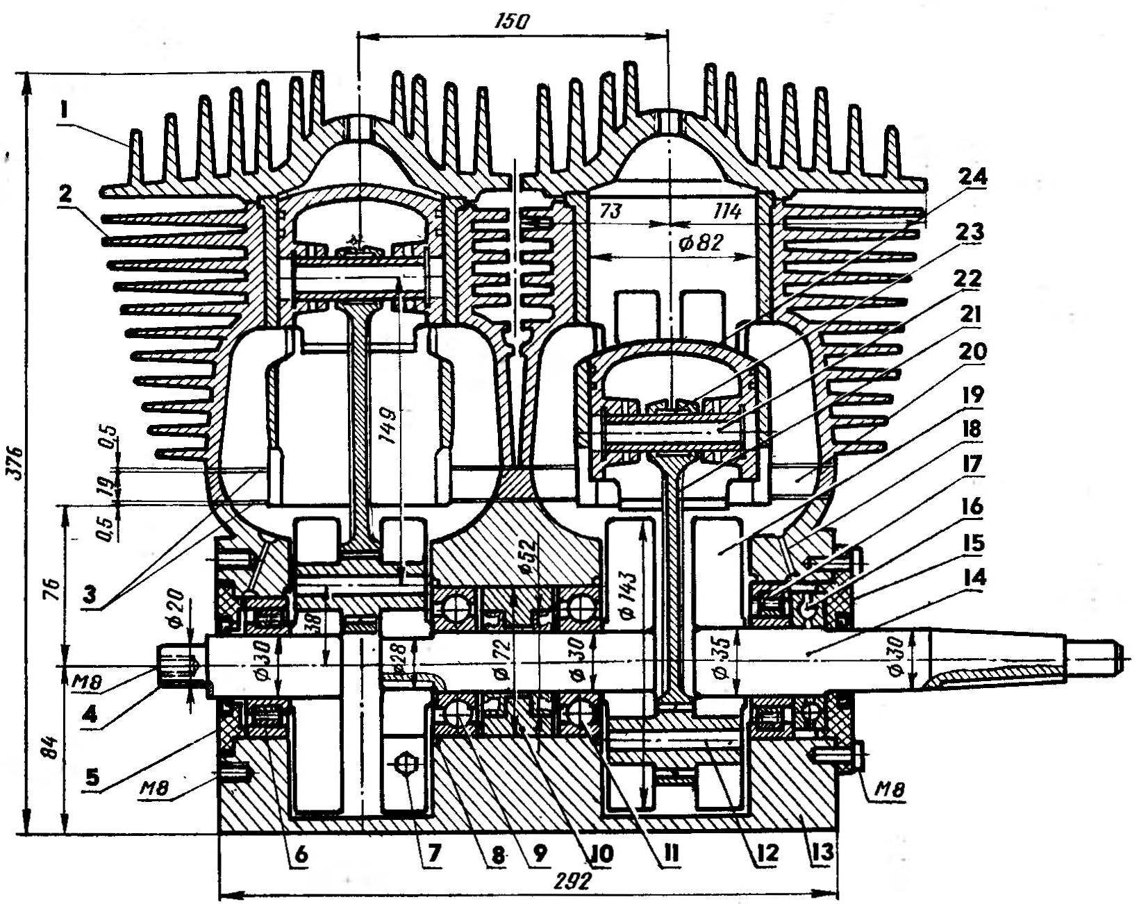 Fig. 1. Compact two-cylinder aviation engine, 