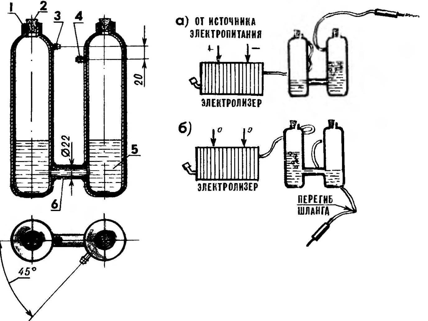 Fig.3. Kerosene shutter and the principle of its action (when running cell, b — at the time of device disconnection)