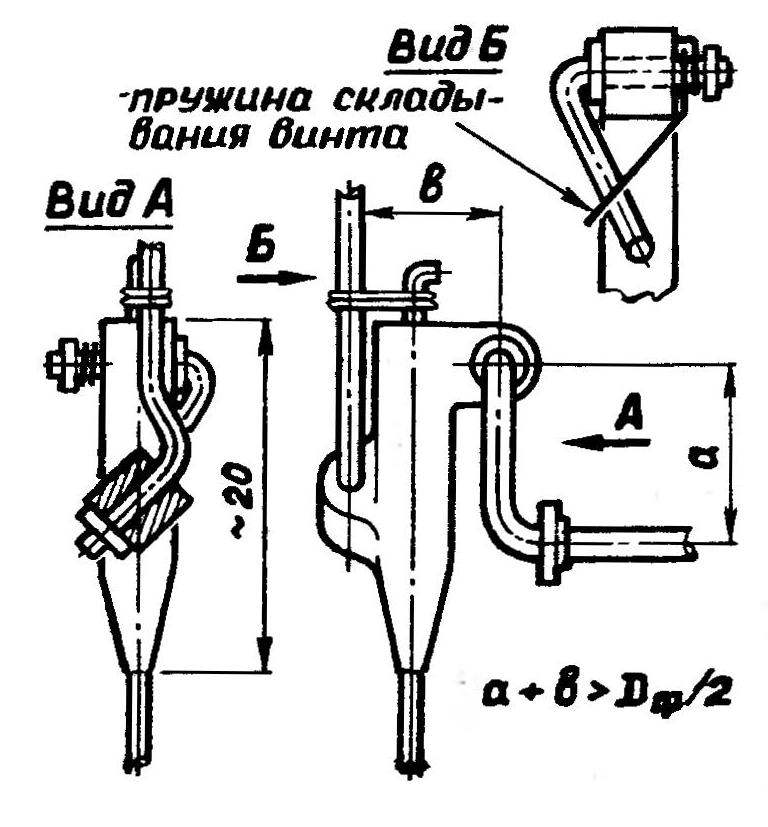 R and p.8. The hitch mechanism of the propeller with automatic change of the step. The following is the condition for the free folding of the blade depending on the cross pipe of the engine fuselage DF