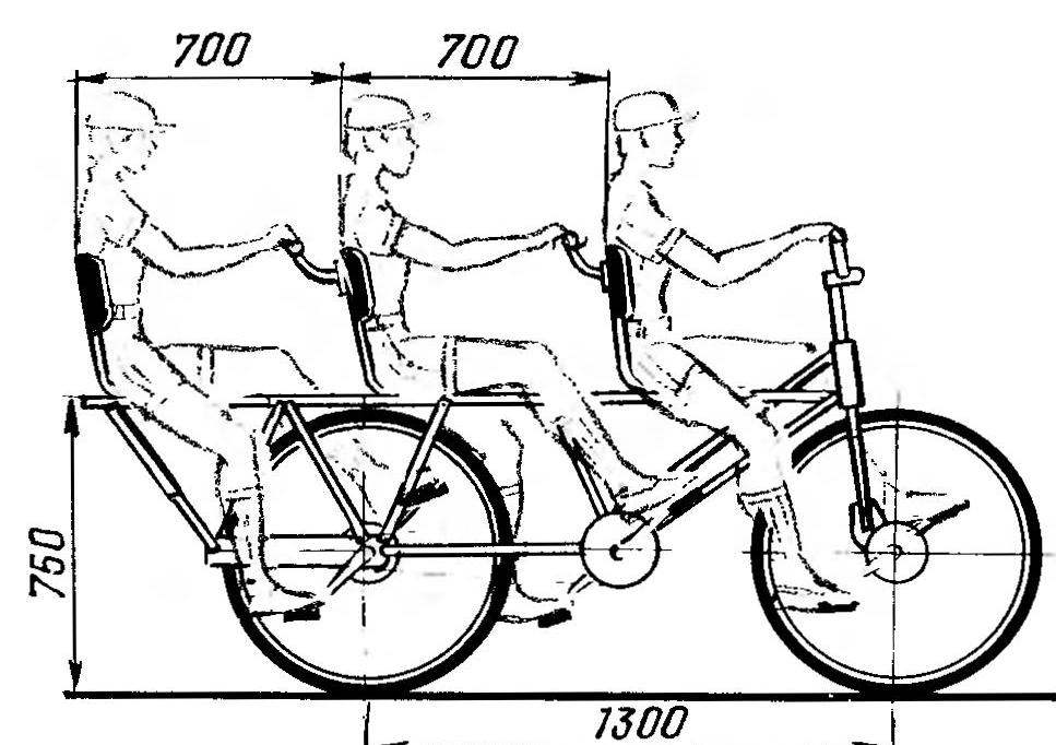 Р и с. 3. Трехместный велоснпед-тандем «Тройка» с планетарным приводом на переднее колесо и комбинированным (планетарным и цепным) — на заднее
