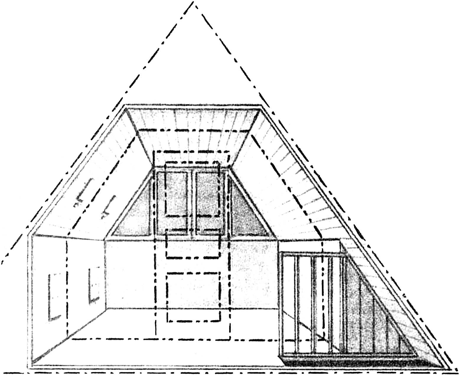 Even a small loft can become a beautiful attic. It looks like a attic summer house for one or two bedrooms (partition wall shown schematically).