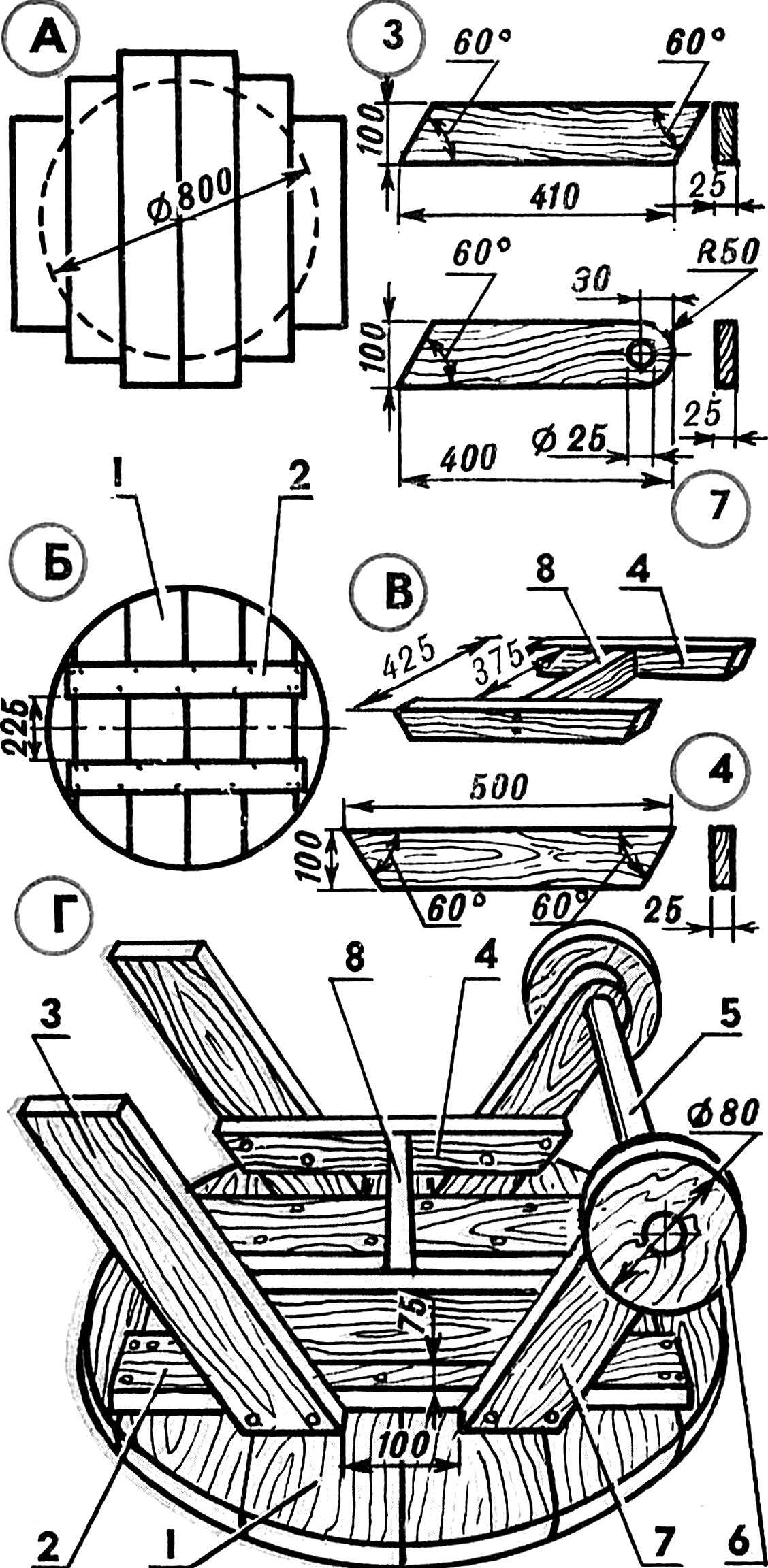 Fig. 2. Table (A layout of the countertop B — build countertops, In — Assembly of the braces with the tie, G — installation of struts and ties; the final Assembly).