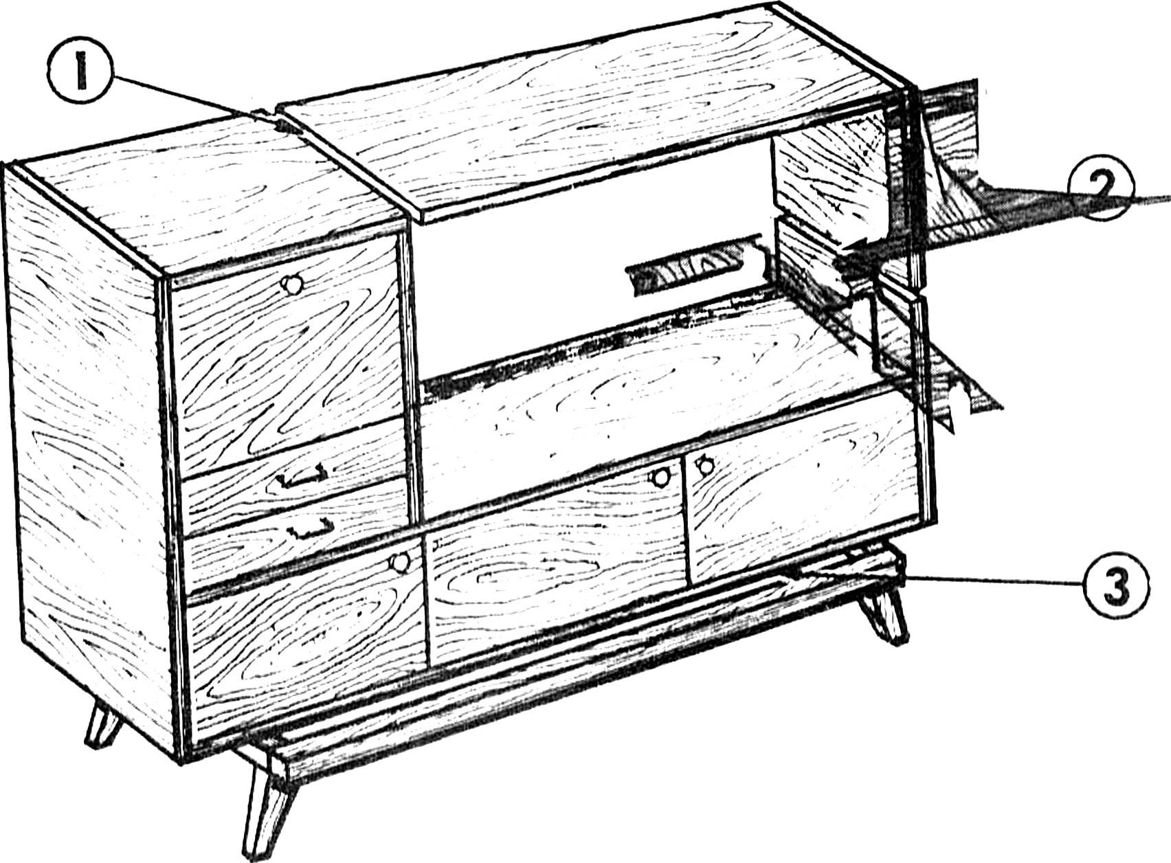 Fig. 1. Turning a cupboard into the Cabinet for the hall begins with the dismantling of the top and side panels (cut on lines 1 and 2) and base (separate from bottom surface 3).