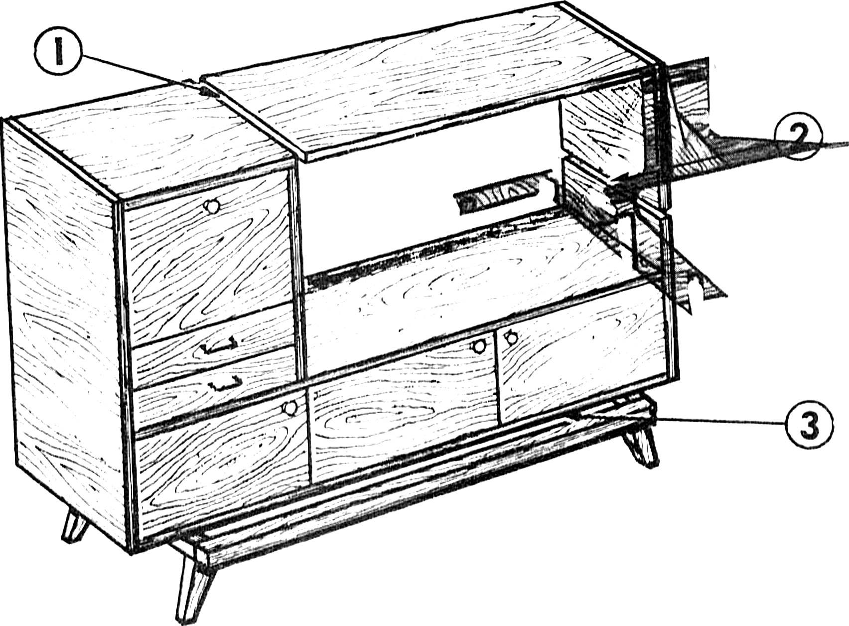 Рис. 1. Превращение серванта в тумбу для прихожей начинается с демонтажа верхней и боковой панелей (отрезать по линиям 1 и 2), а также рамы с ножками (отделить от нижней поверхности 3).