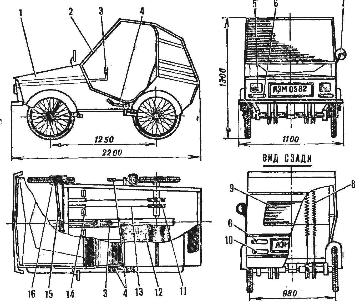 Fig. 1. The dimensions and the overall layout of the velomobile