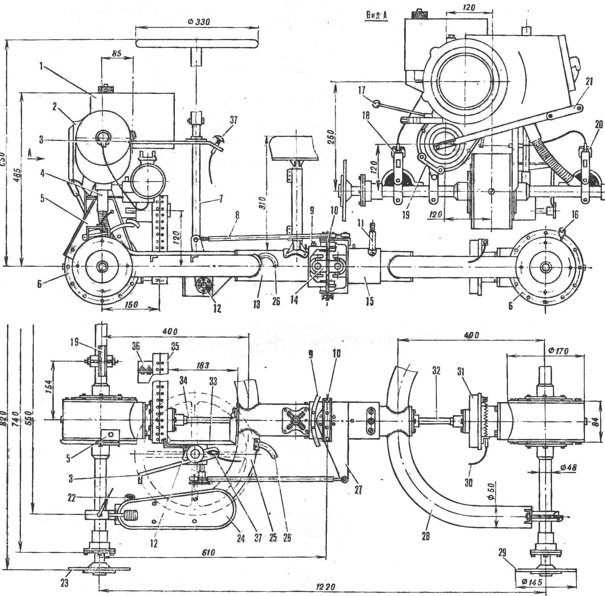 Chassis (on the top view the engine and seat conventionally not shown)