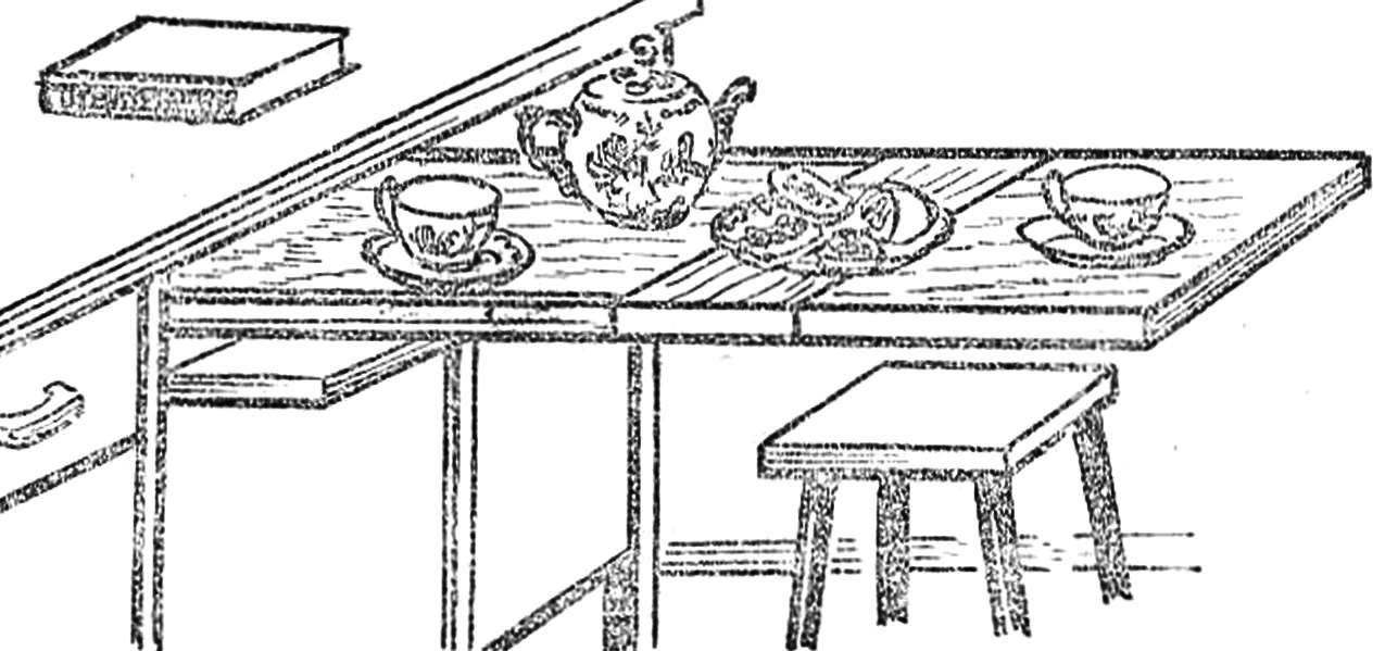 Рис. 1. Комбинированный выдвигаемо-раскладной стол встроенный в буфет.