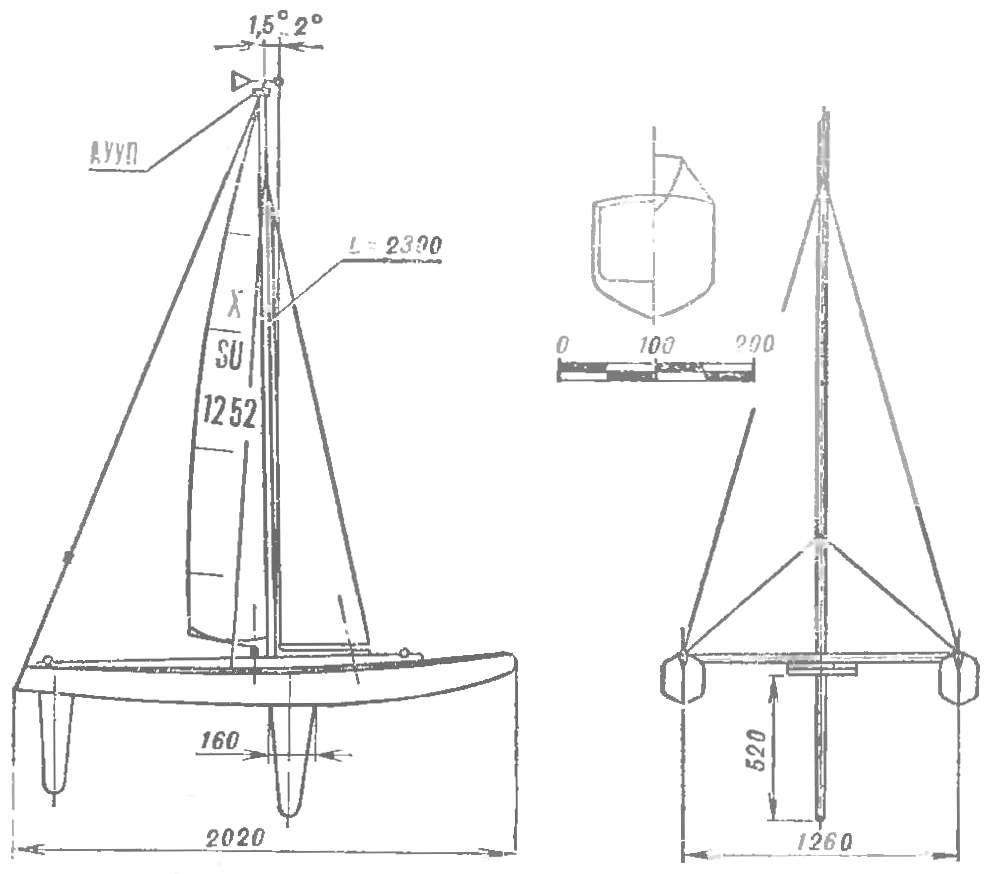 Fig. 3. The catamaran designed by S. Petrova and S. Ryabchikova (Ulyanovsk); square sails 7460 cm2, weight 6 kg.