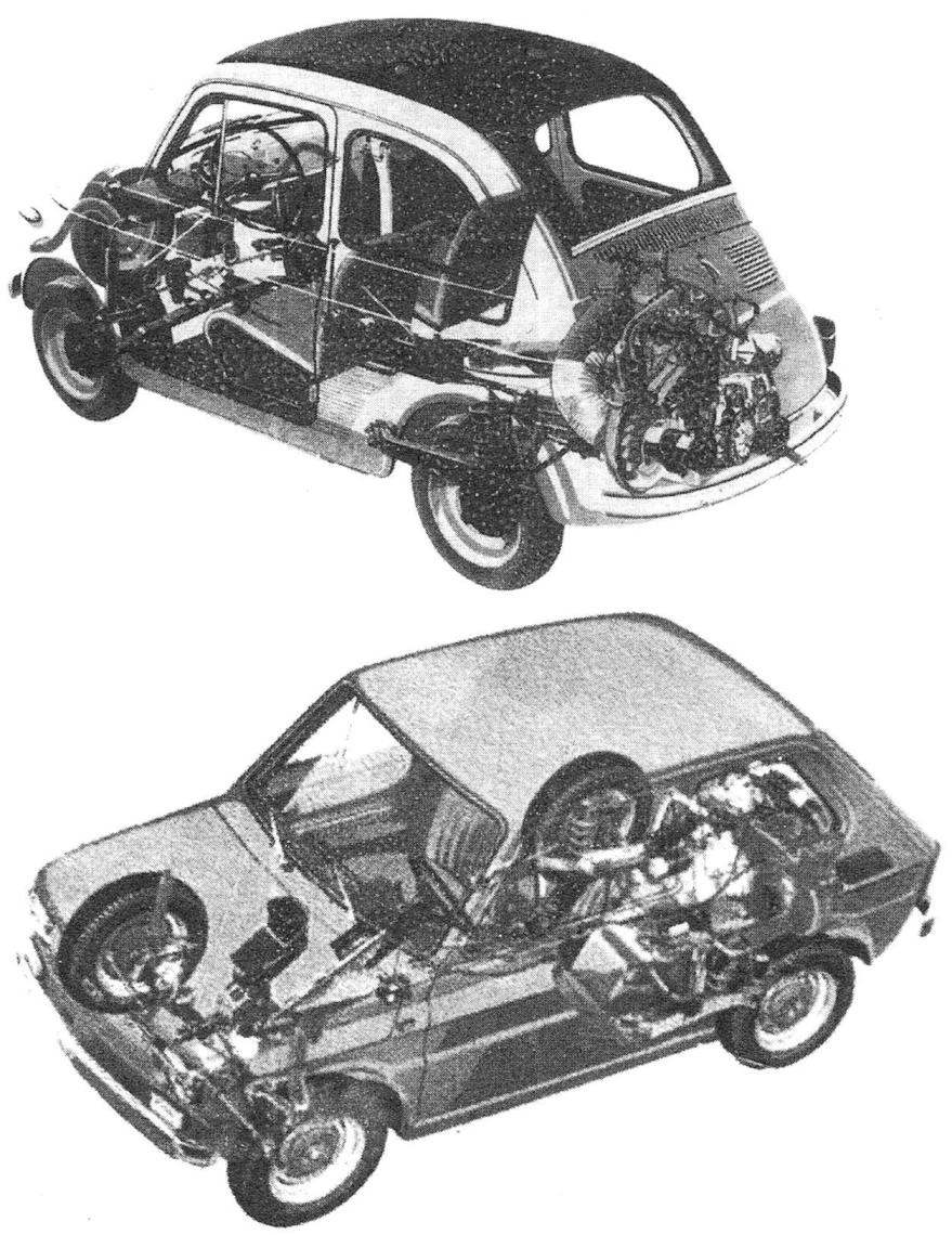 По компоновке FIAT-126 (внизу) практически не отличался от предшественника FIAT-500 Nuova (вверху)