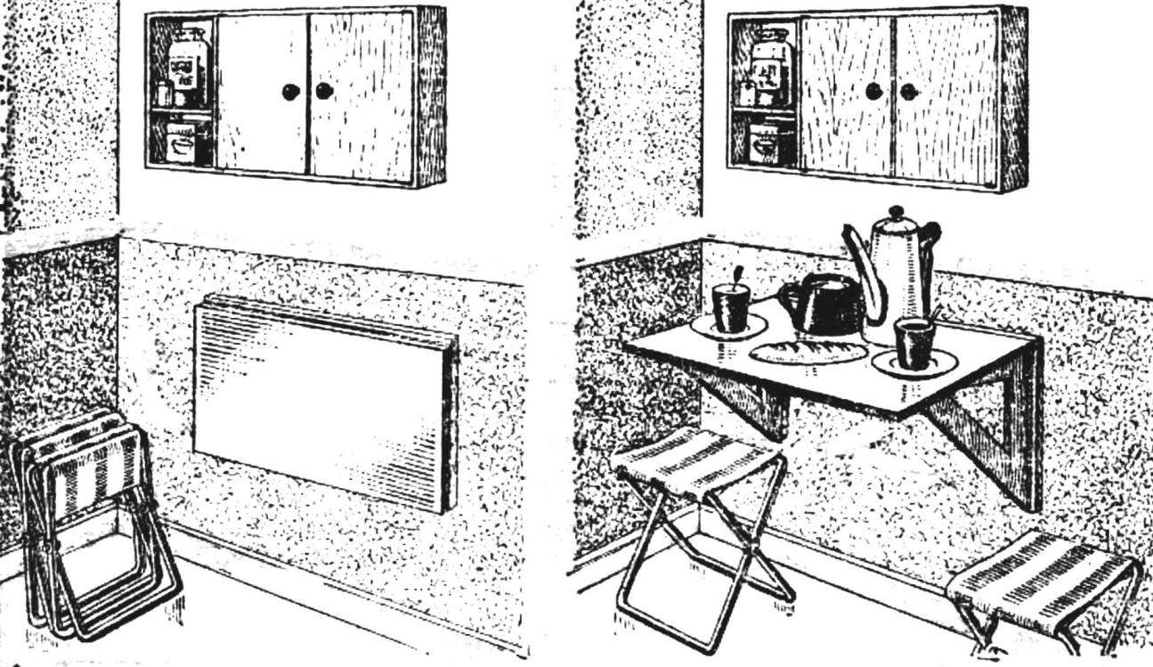 Настенный стол: слева в сложенном виде; справа в рабочем положении.