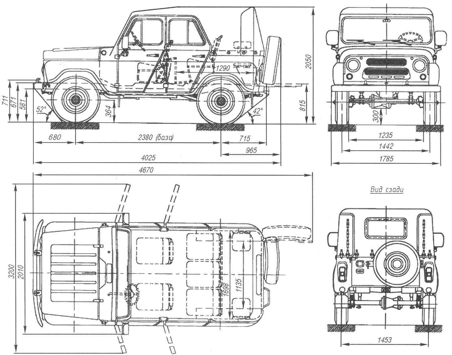 Basic dimensions, the UAZ-469 (UAZ-31512) — army all-terrain vehicle with onboard gearboxes and canvas top body