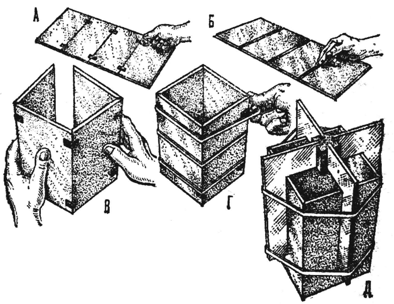 Fig. 5. The sequence of Assembly of a table lamp And the bonding of the sidewalls of the ceiling with adhesive tape, B — coating the beveled edges of the side walls glue or races