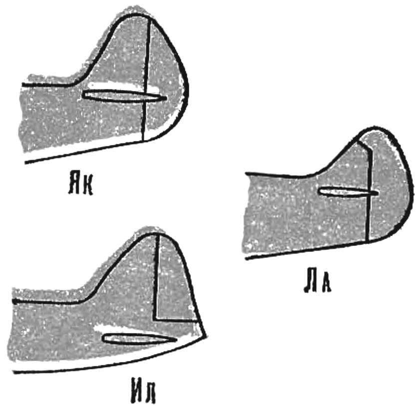 Рис. 2. Формы килей, характерные для самолетов различных типов.