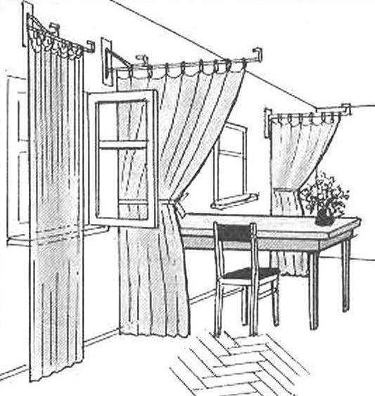 Ряд поворотных штор делят комнату на функциональные зоны и играют декоративную роль, в оформлении интерьера