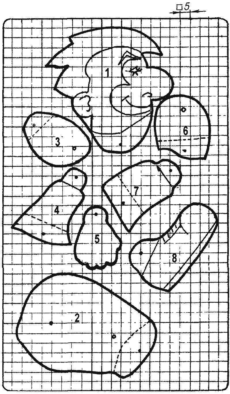 Рис. 2. Масштабная сетка с контурами деталей фигурки клоуна (нумерация соответствует рис. 1)