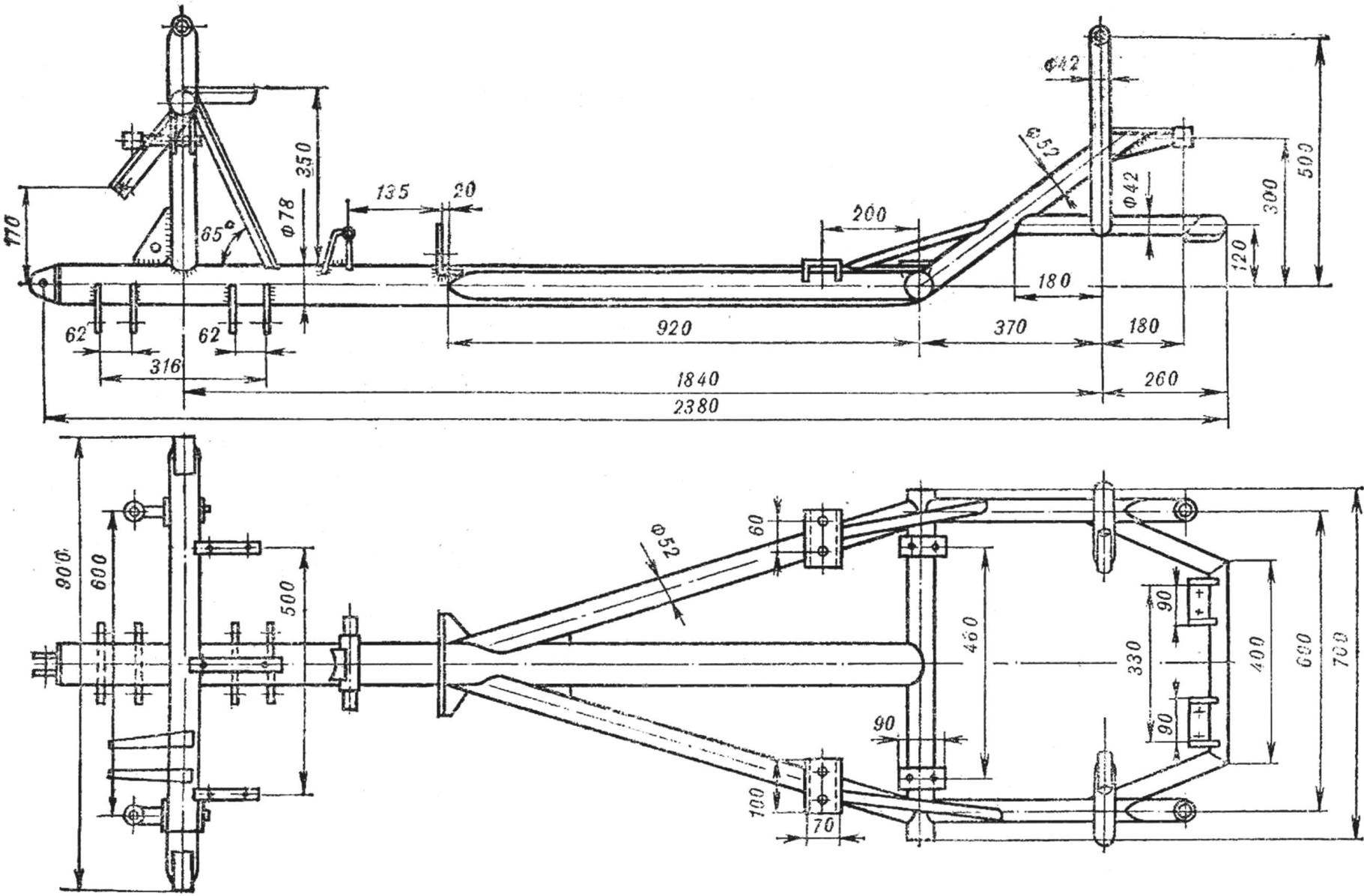 Fig. 2. Frame design: side view and from above.