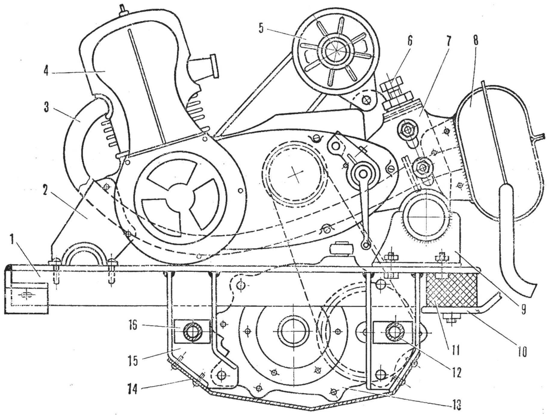 Fig. 4. The location of the engine and the main transmission on the subframe (side view) and basic details