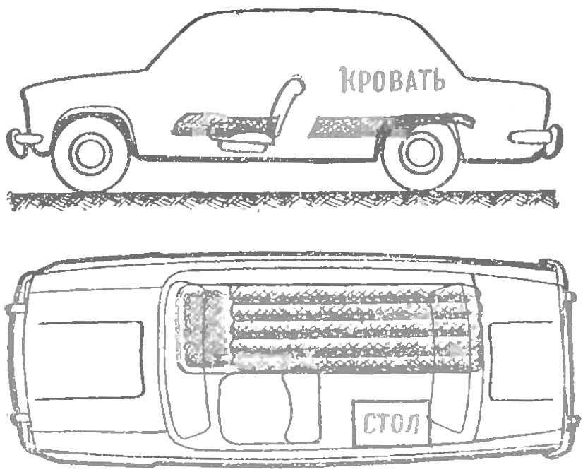 Рис. 3. Автомобиль типа «седан» с измененной планировкой интерьера, рассчитанной на непродолжительное проживание 2—3 человек.
