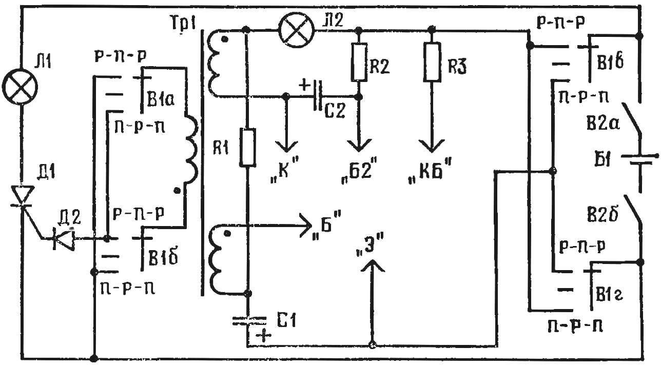 Fig. 3. Schematic diagram of the universal tester to check transistors: R1 20 kOhm 5.1 kOhm R2, R3 30 kω, C1 20 UF, D2 Д7А — J.