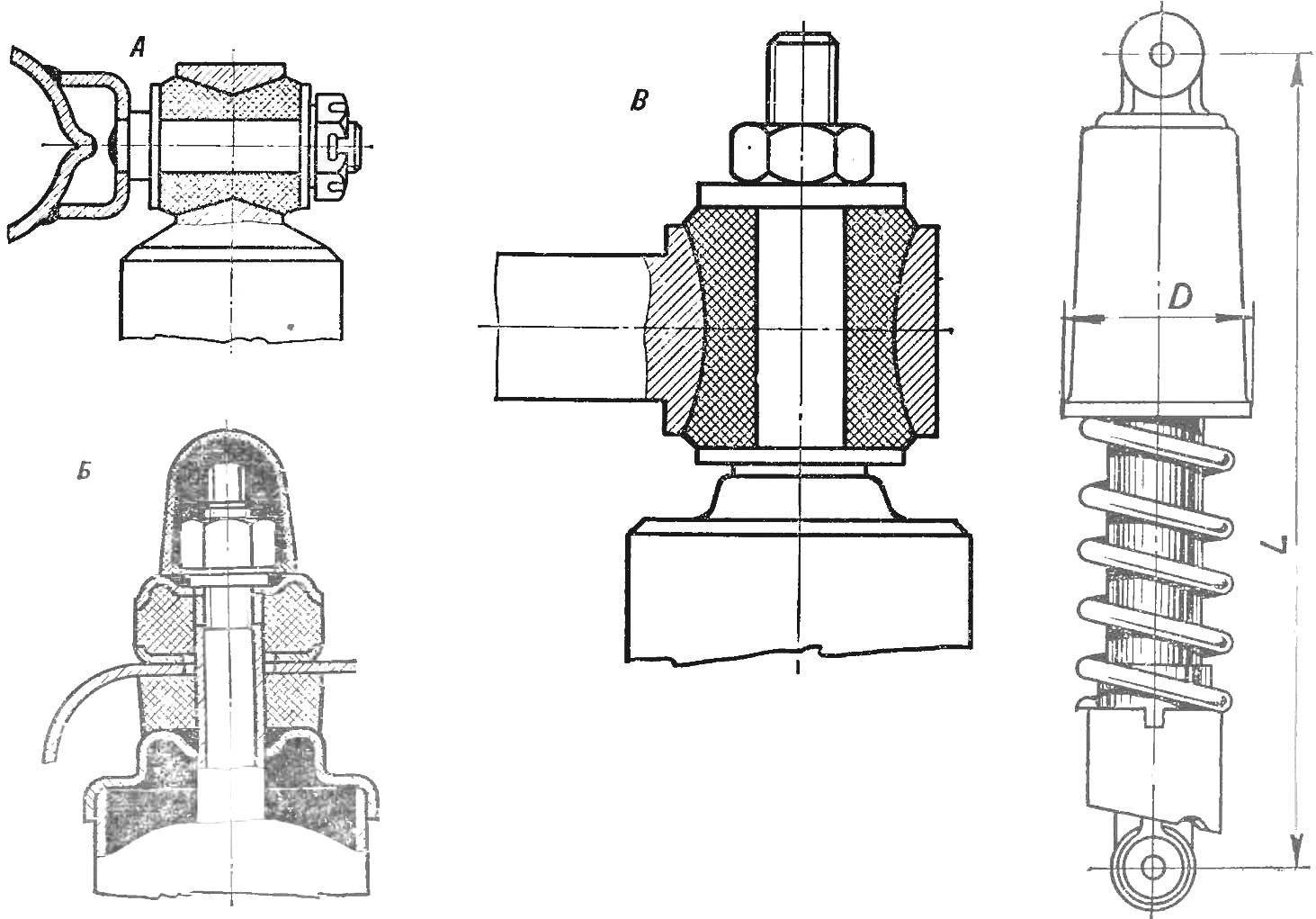 Рис. 7. Типы верхних наконечников и размеры амортизаторов и мотоциклетных подвесок (см. таблицу).
