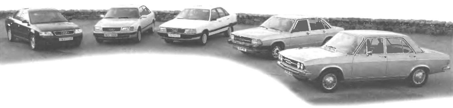 Predecessors AUDI A6 release in 2004 (right to left): AUDI 100 (1968), AUDI 100 (1976), AUDI 100 (1982), AUDI 100/AUDI A6 (1992), AUDI A6 (1997)