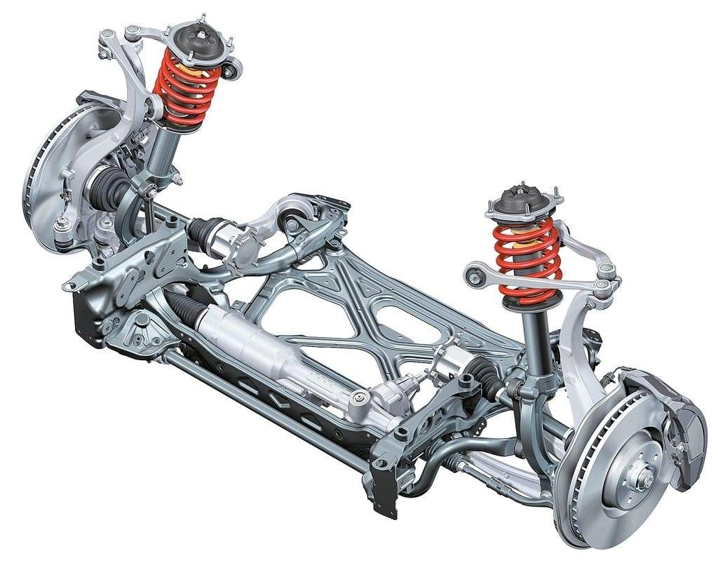 The front suspension is independent, spring, four-link, with stabilizer. Trapezoidal wishbones — aluminium alloy