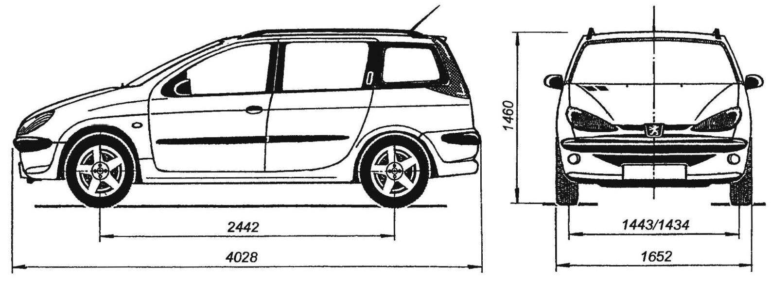 Geometric diagram of the five-door station wagon PEUGEOT 206SW