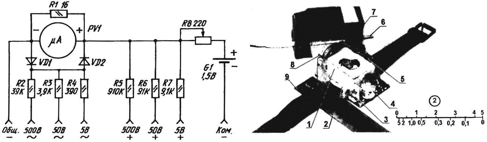 A circuit diagram of a wrist of the tester, and its embodiment in reality (disciplic line is depicted next to a graphic scale)