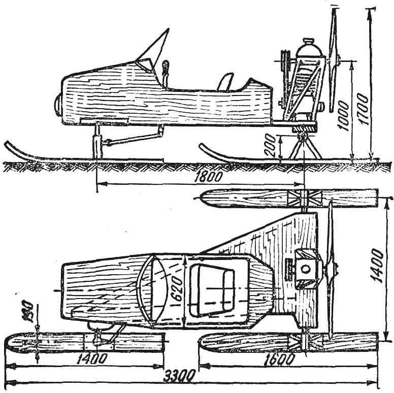 Fig. 7. Scheme light snowmobile Kuznetsov (Railway, Moscow region). Engine IZH-350, transmission screw V-belt.