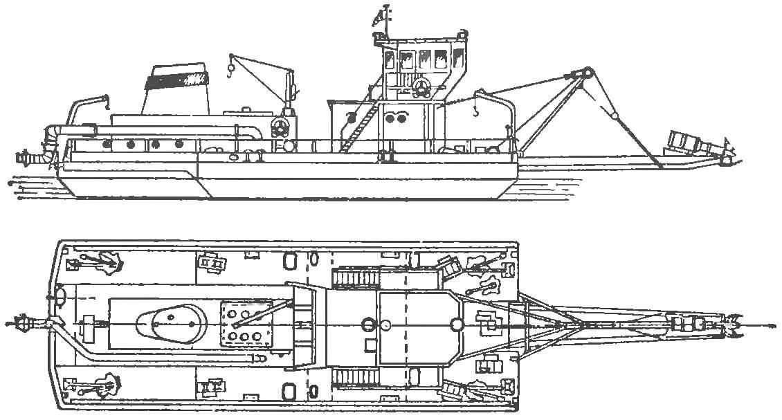 Fig. 1. Trench dredger ТЗР12М (side view and top).