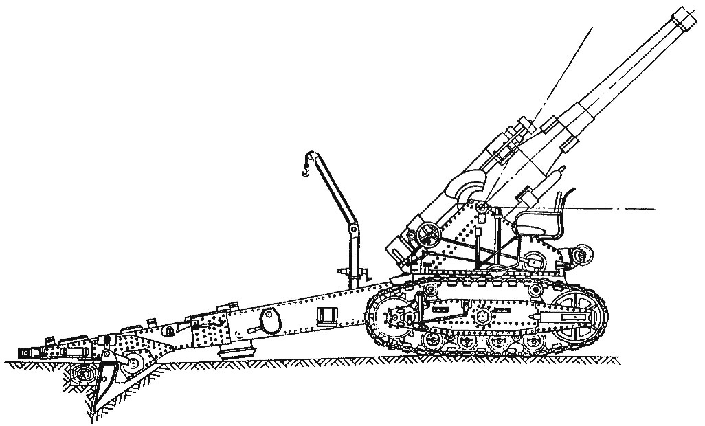 203-мм гаубица Б-4 в боевом положении при угле возвышения 45°