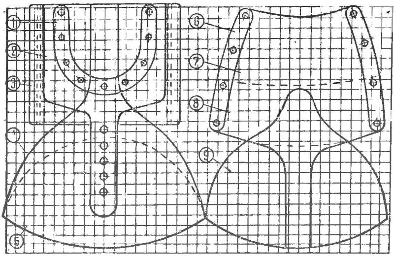 Рис. 5. Выкройка металлических и резиновых деталей крепления (на сетке со стороной квадрата, равной 10 мм)