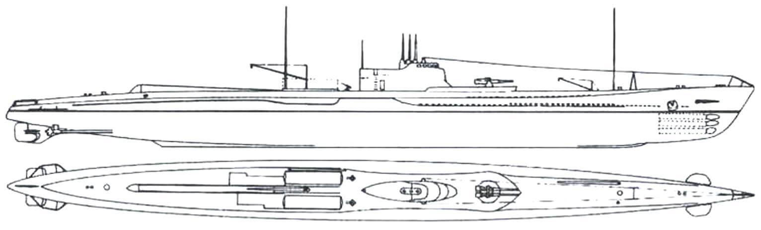 Большая океанская подводная лодка «I-8» (тип «J3») (Япония, 1938 г.) Строилась фирмой «Кавасаки» на верфи в Кобэ. Тип конструкции - двухкорпусный. Водоизмещение стандартиое/надводное/полводное 2230/2525/3585 т. Размеры: максимальная длина 109,3 м. ширина 9,1 м, осадка 5,26 м. Глубина погружения - до 90 м. Силовая установка: два дизеля мощностью 11 200 л.с. + два электромотора мощностью 2800 л.с., скорость надводная/подводная 23/8 уз. Вооружение: шесть 533-мм торпедных аппаратов (20 торпед), одно 140-мм орудие (на «I-8» вскоре после ввода в строй заменено на спаренное), один 13.2-мм пулемет, один гидросамолет. Экипаж 100 чел. В 1937- 1938 гг. построены 2 единицы, «I-7» и «I-8». В 1943 г. 13.2-мм пулемет заменен на спаренный 25-мм автомат. «I-8» в 1945 г. переоборудована в носитель человеко-торпед «Кайтэн»(четыре такие торпеды принимались на палубу вместо ангара и катапульты, которые были сняты.) Обе погибли в войну, в 1943 и 1945 гг. соответственно.
