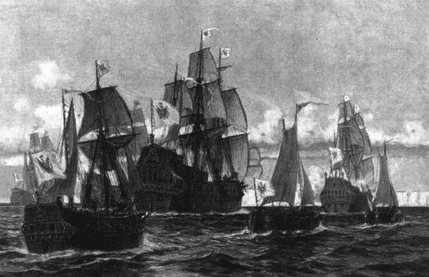 Бранденбургский флот в 1678 году. В центре «Фридрих Вильгельм» и «Голденер Лёве», на заднем плане - два малых фрегата (вероятно - это «Курпринц» и «Берлин»), справа галиоты