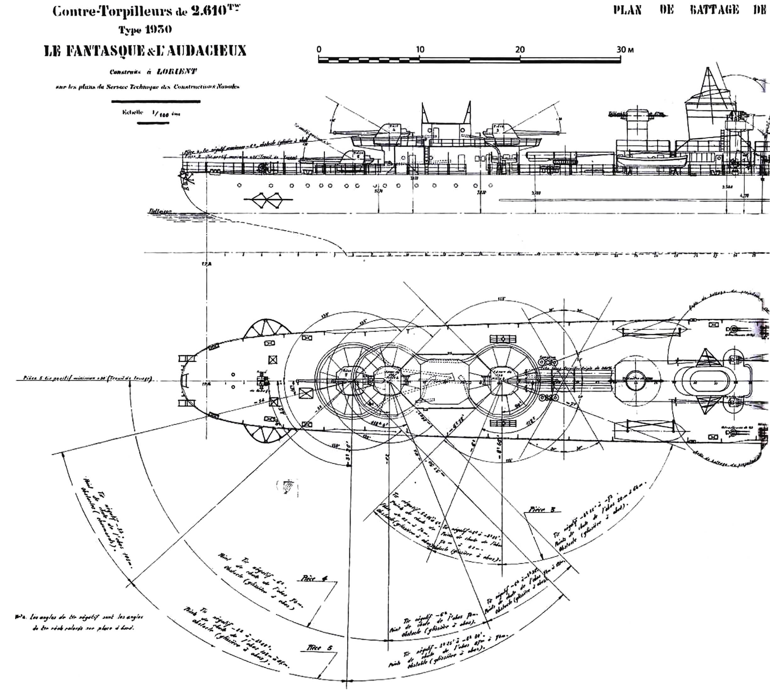 Схема размещения вооружения на лидерах типа «Ле Фантаск» с указанием углов обстрела (копия оригинального чертежа)