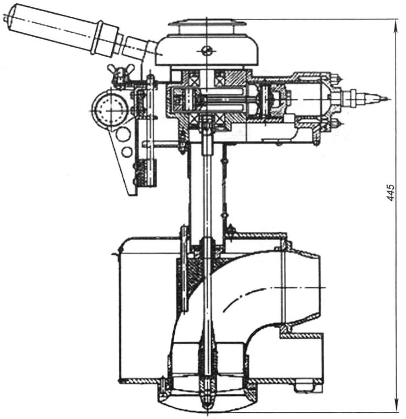Первый прототип «Микроши», 1971 г. Самодельный лодочный мотор Н.С. Иванова для байдарки с двигателем Д-5 и осевым водометом с рабочим колесом диаметром 83 мм